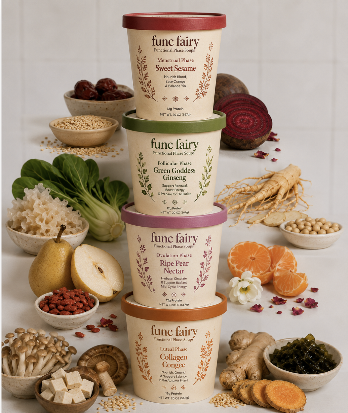 Stack of four Func Fairy functional phase soups surrounded by fresh ingredients